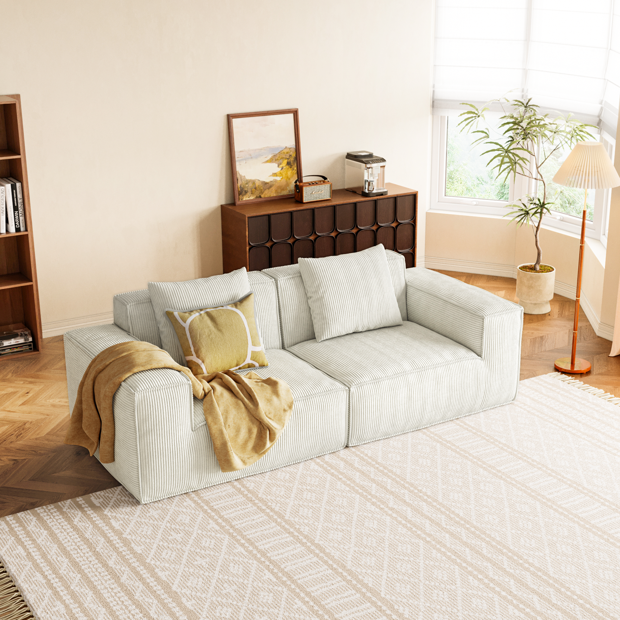 modular sofa can be converted into an oversized sofa bed Free conversion sofa set flexible configuration, soft corduroy cloud velvet fabric two person combination-white