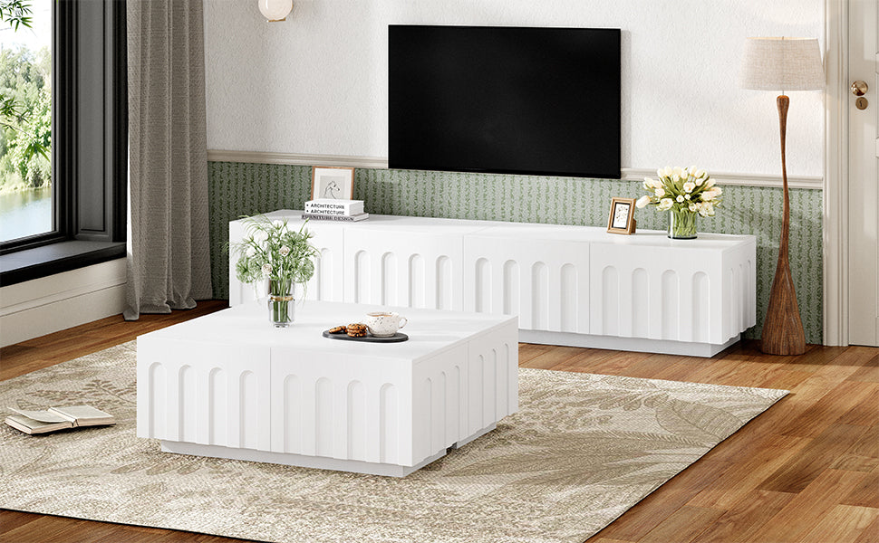 ON-TREND Elegant TV Stand & Coffee Table Set of 2, Multi-Functional Media Console with Arched Design for TVs Up to 80', Modern Dual Purpose Center Table with Drawers for Living Room, Bedroom, White