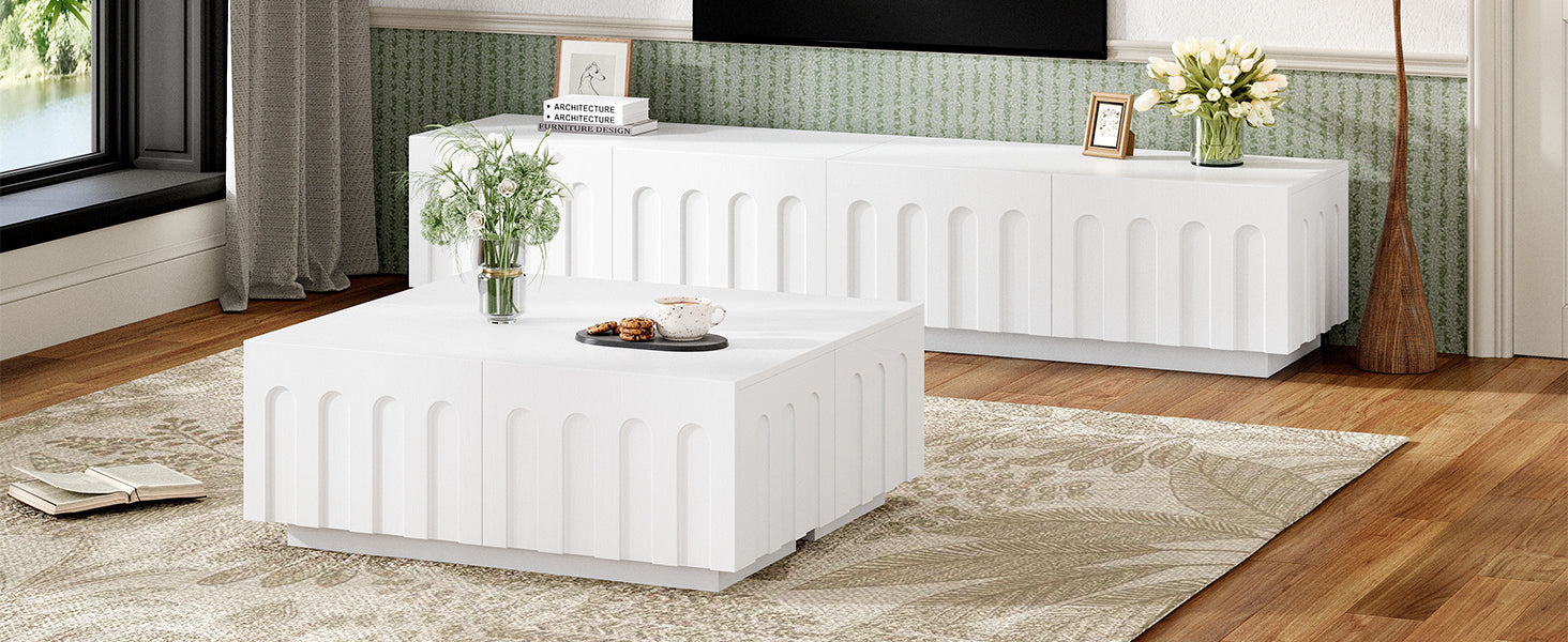 ON-TREND Elegant TV Stand & Coffee Table Set of 2, Multi-Functional Media Console with Arched Design for TVs Up to 80', Modern Dual Purpose Center Table with Drawers for Living Room, Bedroom, White