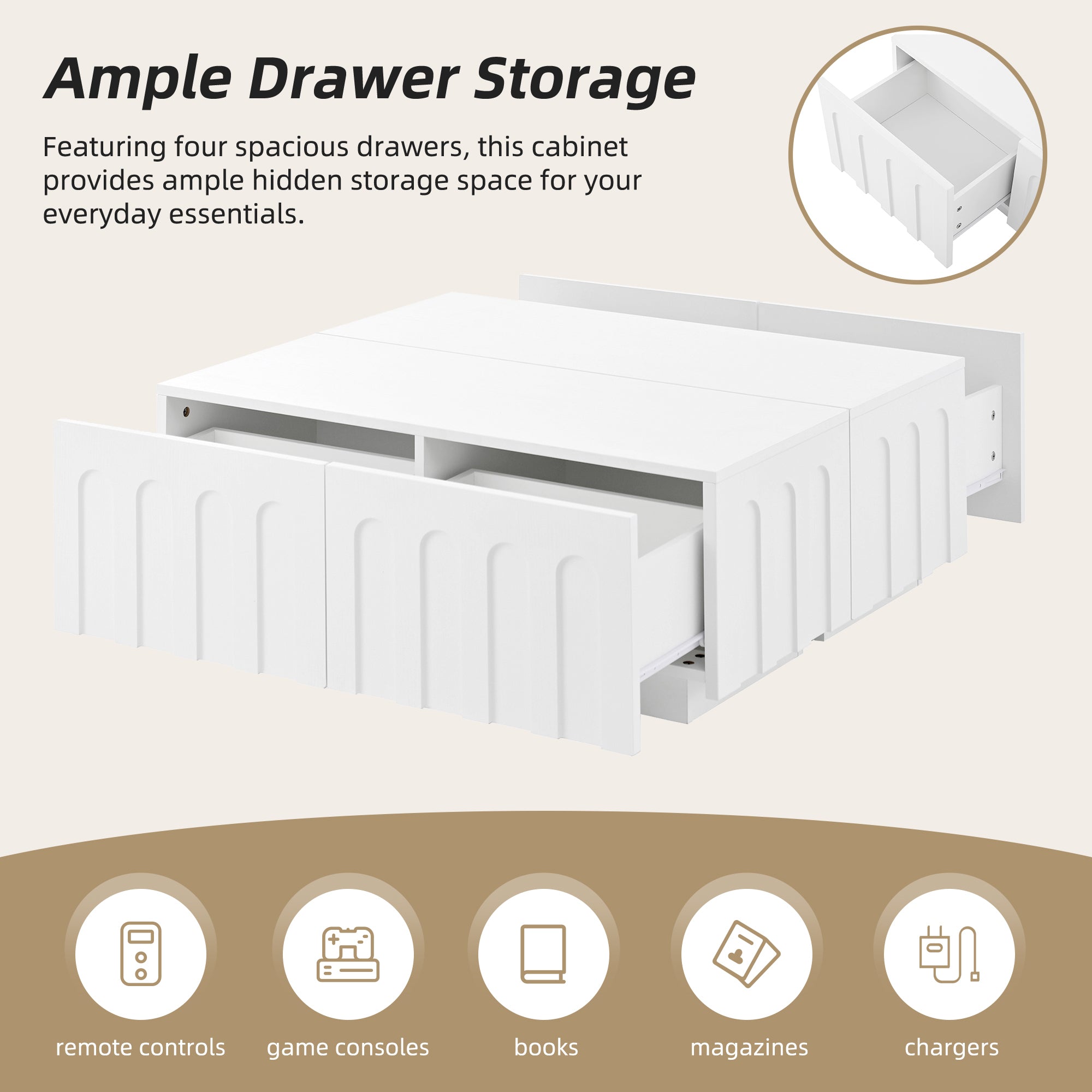 ON-TREND Elegant TV Stand & Coffee Table Set of 2, Multi-Functional Media Console with Arched Design for TVs Up to 80', Modern Dual Purpose Center Table with Drawers for Living Room, Bedroom, White