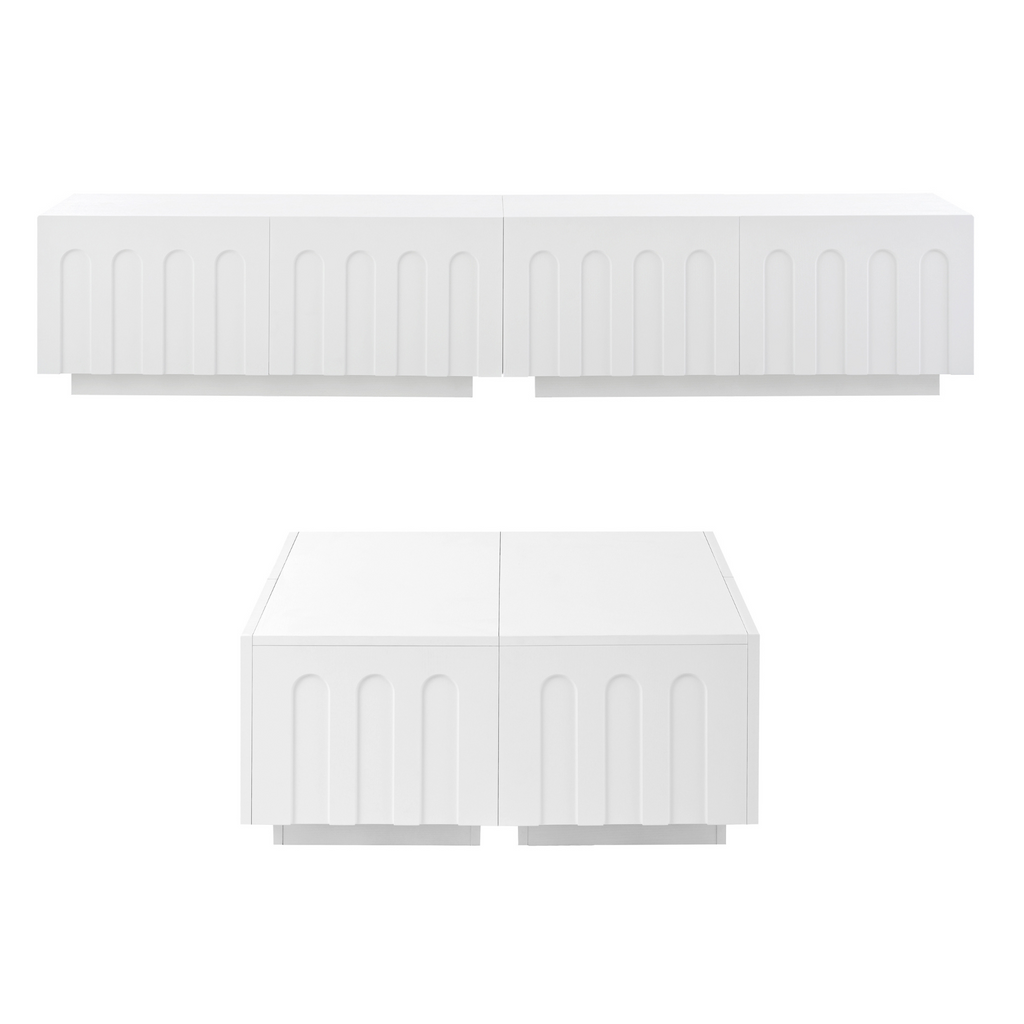 ON-TREND Elegant TV Stand & Coffee Table Set of 2, Multi-Functional Media Console with Arched Design for TVs Up to 80', Modern Dual Purpose Center Table with Drawers for Living Room, Bedroom, White