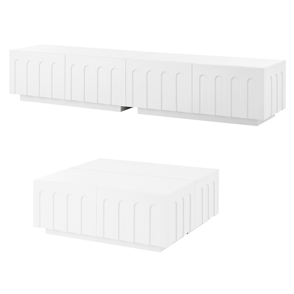 ON-TREND Elegant TV Stand & Coffee Table Set of 2, Multi-Functional Media Console with Arched Design for TVs Up to 80', Modern Dual Purpose Center Table with Drawers for Living Room, Bedroom, White