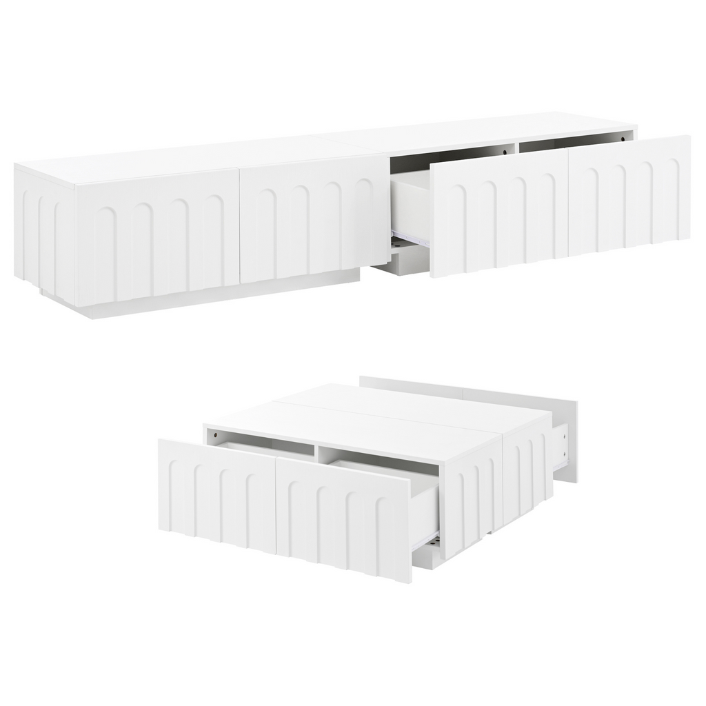 ON-TREND Elegant TV Stand & Coffee Table Set of 2, Multi-Functional Media Console with Arched Design for TVs Up to 80', Modern Dual Purpose Center Table with Drawers for Living Room, Bedroom, White