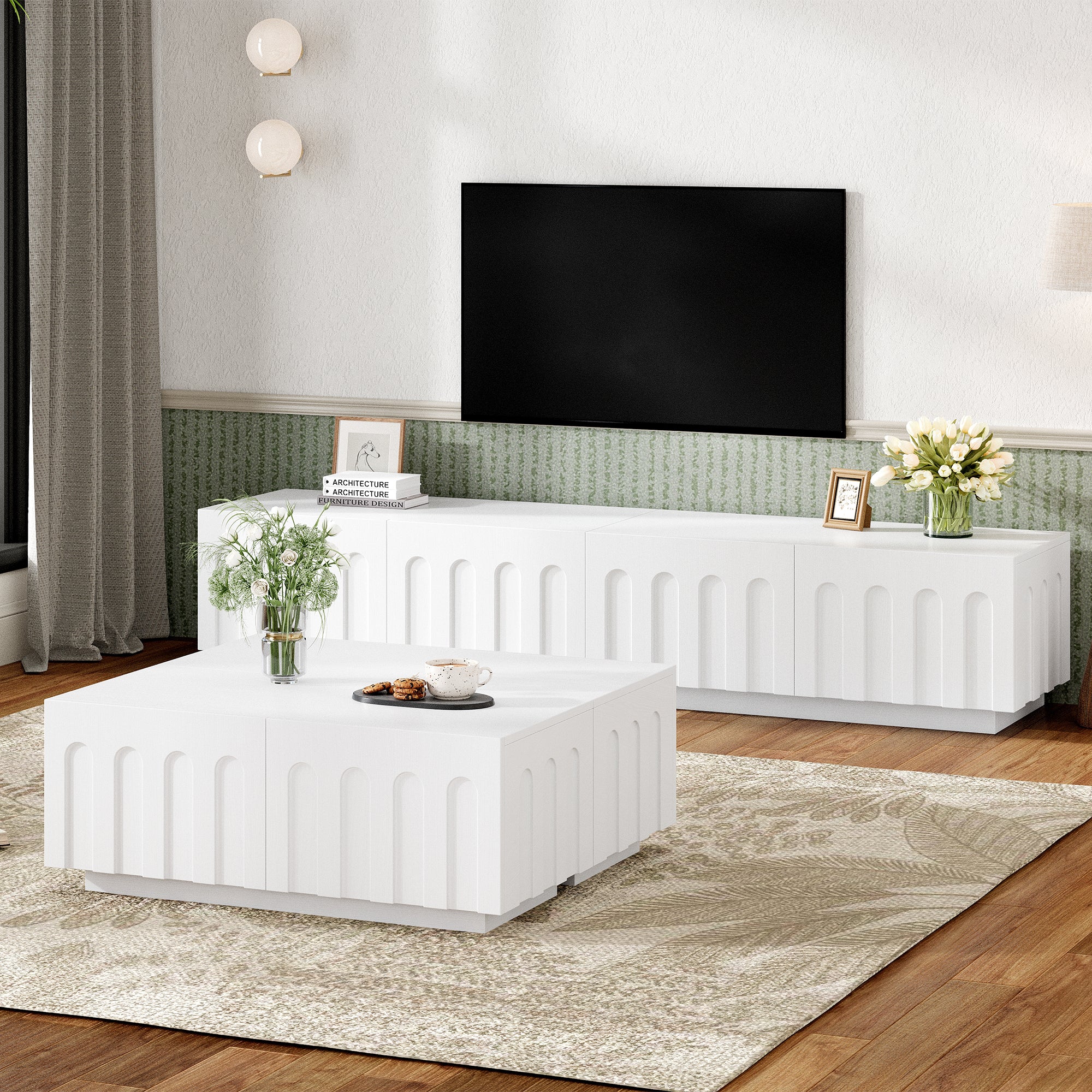 ON-TREND Elegant TV Stand & Coffee Table Set of 2, Multi-Functional Media Console with Arched Design for TVs Up to 80', Modern Dual Purpose Center Table with Drawers for Living Room, Bedroom, White