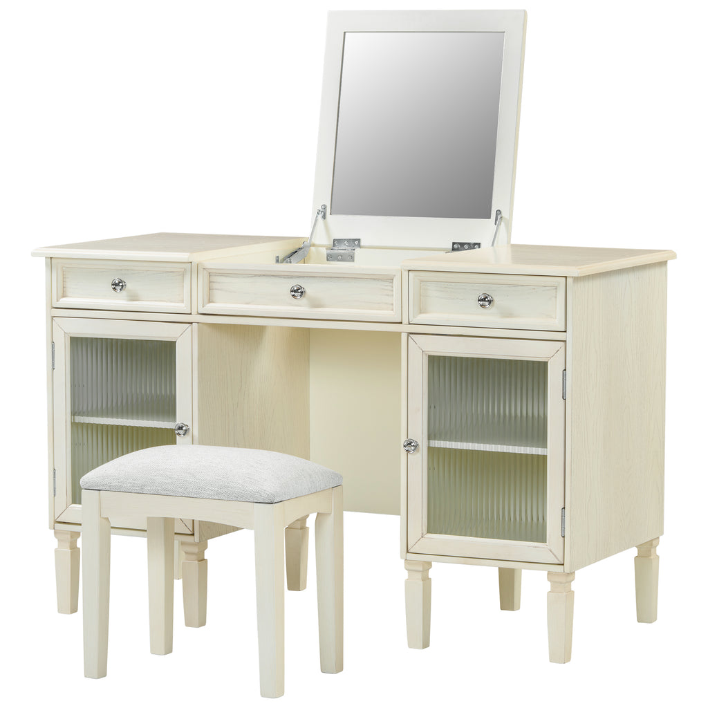2-in-1 Vanity Desk with Flip-Top Mirror, Dressing Table Set with Drawer & Cabinet, Multi-Functional Computer Writing Desk for Study, Dressing Room, Bedroom, Living Room, White Oak