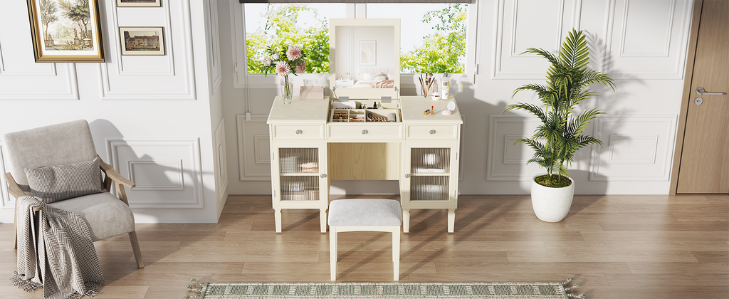 2-in-1 Vanity Desk with Flip-Top Mirror, Dressing Table Set with Drawer & Cabinet, Multi-Functional Computer Writing Desk for Study, Dressing Room, Bedroom, Living Room, White Oak