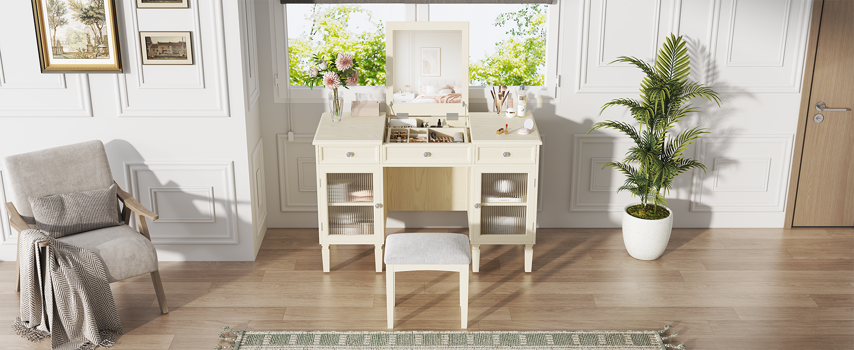 2-in-1 Vanity Desk with Flip-Top Mirror, Dressing Table Set with Drawer & Cabinet, Multi-Functional Computer Writing Desk for Study, Dressing Room, Bedroom, Living Room, White Oak