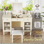 2-in-1 Vanity Desk with Flip-Top Mirror, Dressing Table Set with Drawer & Cabinet, Multi-Functional Computer Writing Desk for Study, Dressing Room, Bedroom, Living Room, White Oak