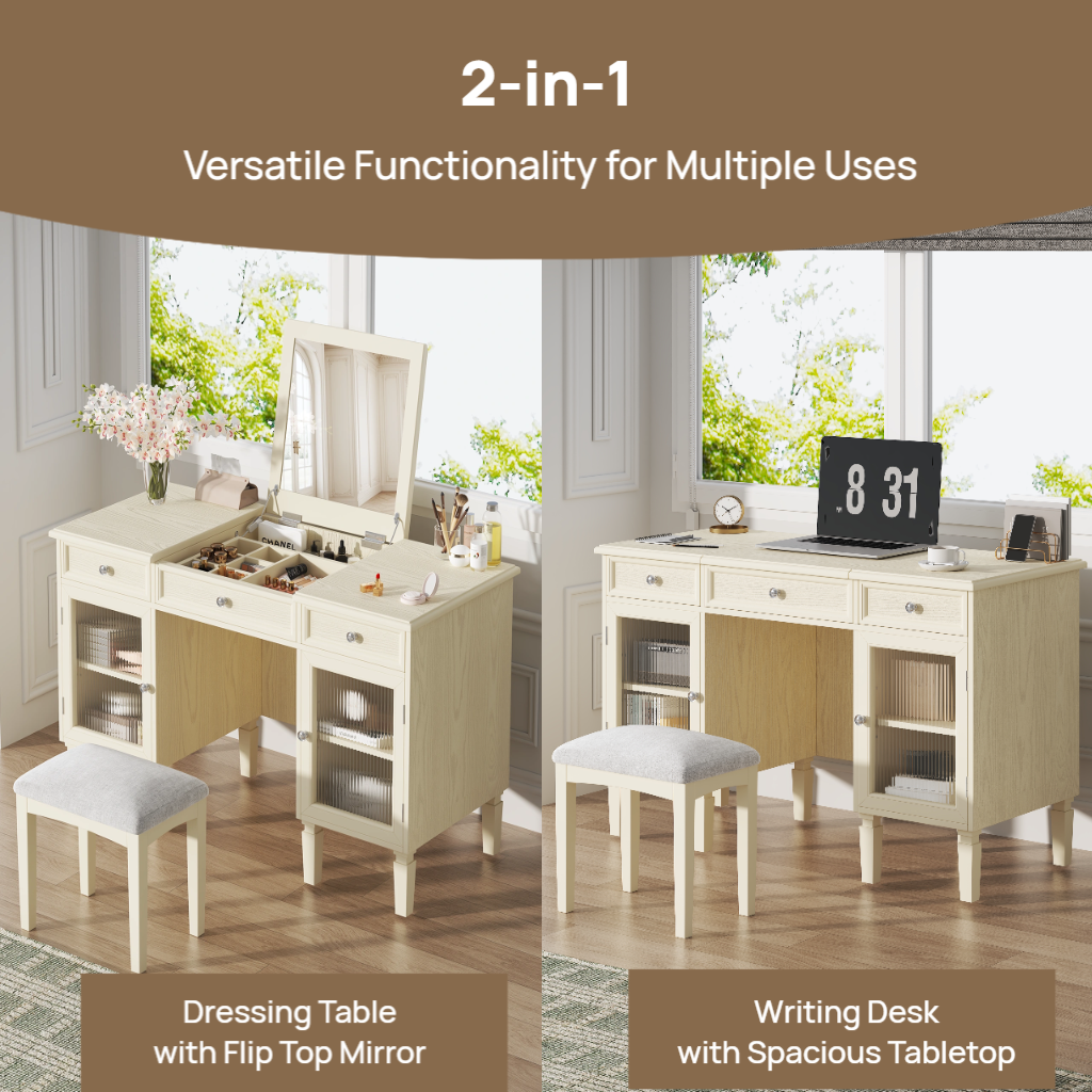 2-in-1 Vanity Desk with Flip-Top Mirror, Dressing Table Set with Drawer & Cabinet, Multi-Functional Computer Writing Desk for Study, Dressing Room, Bedroom, Living Room, White Oak