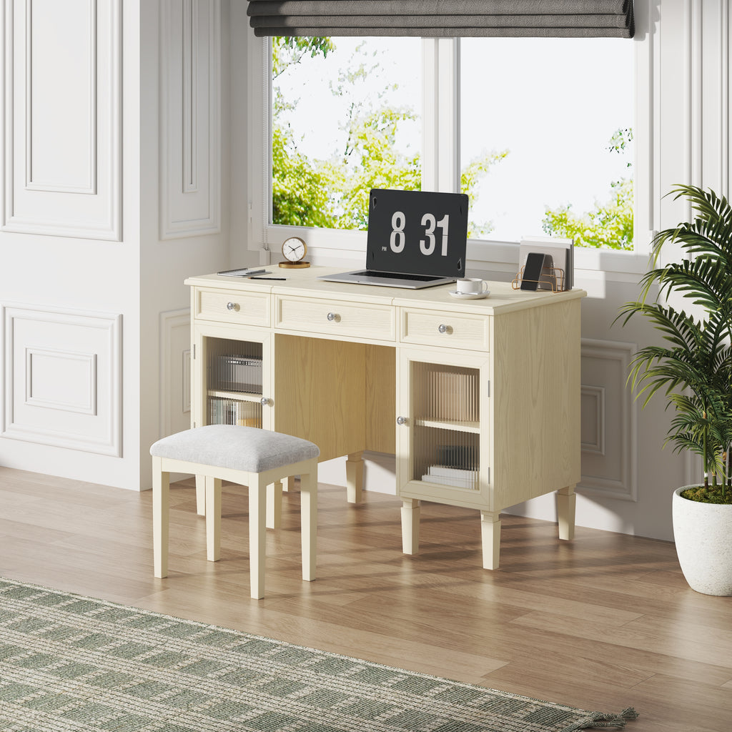 2-in-1 Vanity Desk with Flip-Top Mirror, Dressing Table Set with Drawer & Cabinet, Multi-Functional Computer Writing Desk for Study, Dressing Room, Bedroom, Living Room, White Oak