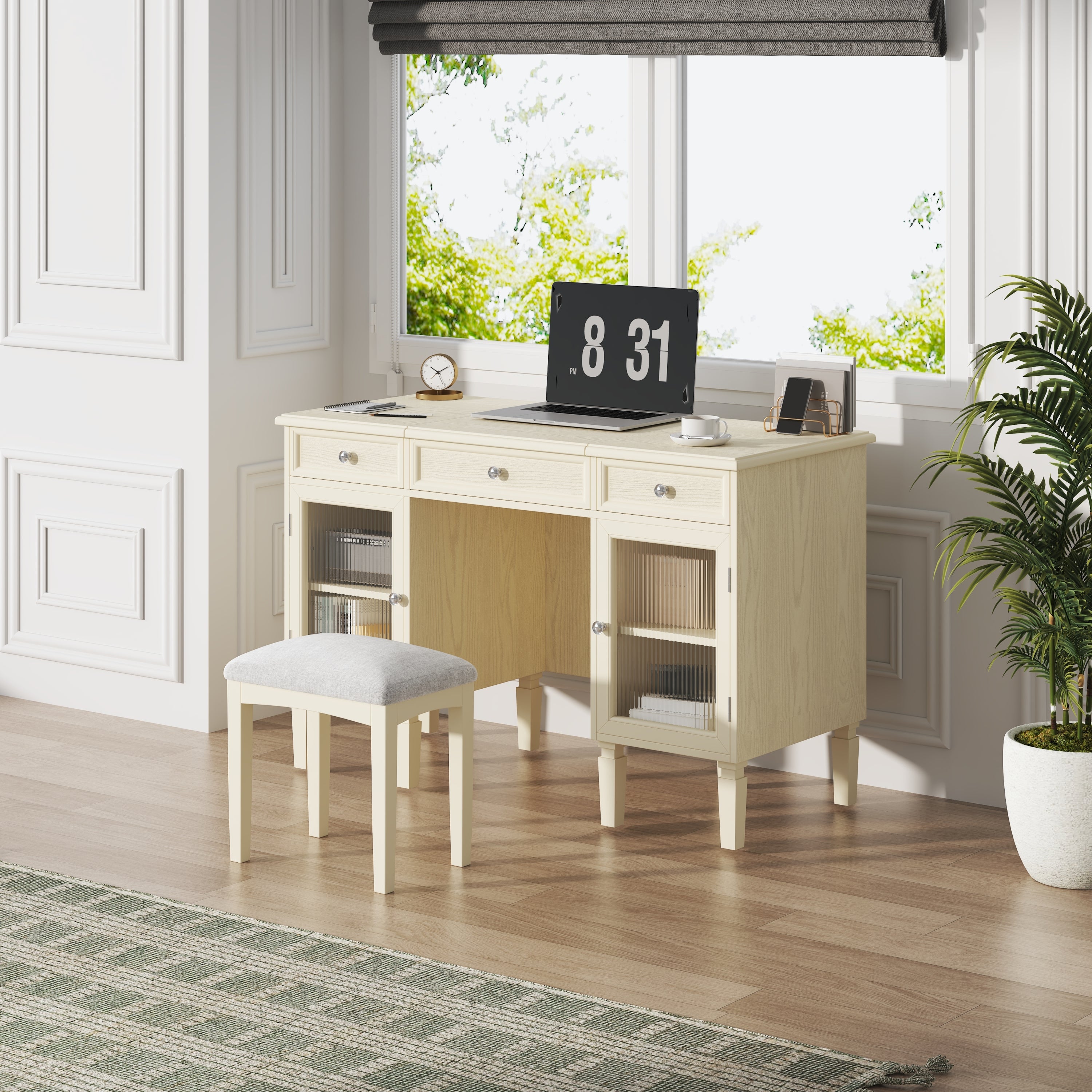 2-in-1 Vanity Desk with Flip-Top Mirror, Dressing Table Set with Drawer & Cabinet, Multi-Functional Computer Writing Desk for Study, Dressing Room, Bedroom, Living Room, White Oak