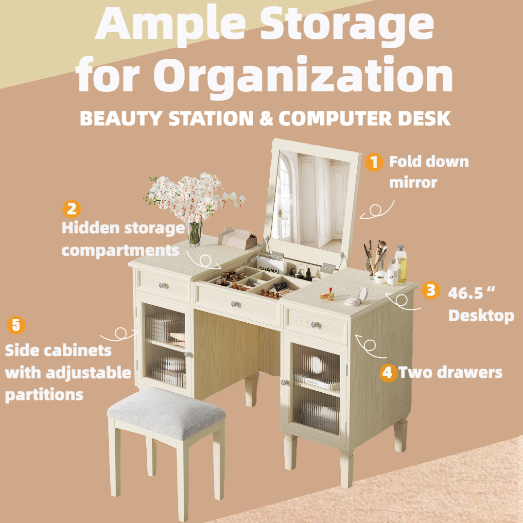 2-in-1 Vanity Desk with Flip-Top Mirror, Dressing Table Set with Drawer & Cabinet, Multi-Functional Computer Writing Desk for Study, Dressing Room, Bedroom, Living Room, White Oak