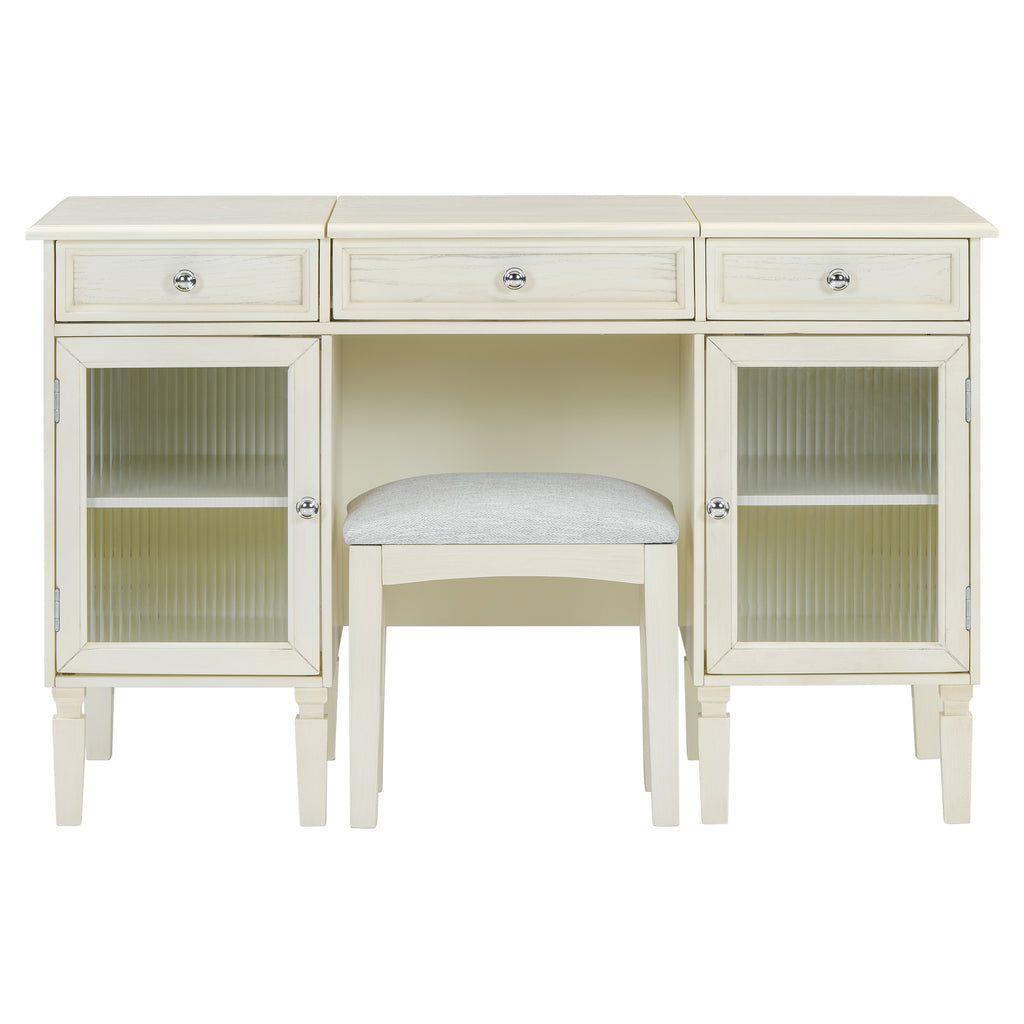 2-in-1 Vanity Desk with Flip-Top Mirror, Dressing Table Set with Drawer & Cabinet, Multi-Functional Computer Writing Desk for Study, Dressing Room, Bedroom, Living Room, White Oak