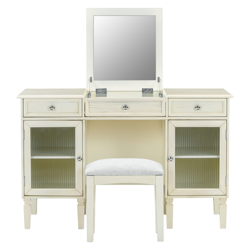 2-in-1 Vanity Desk with Flip-Top Mirror, Dressing Table Set with Drawer & Cabinet, Multi-Functional Computer Writing Desk for Study, Dressing Room, Bedroom, Living Room, White Oak
