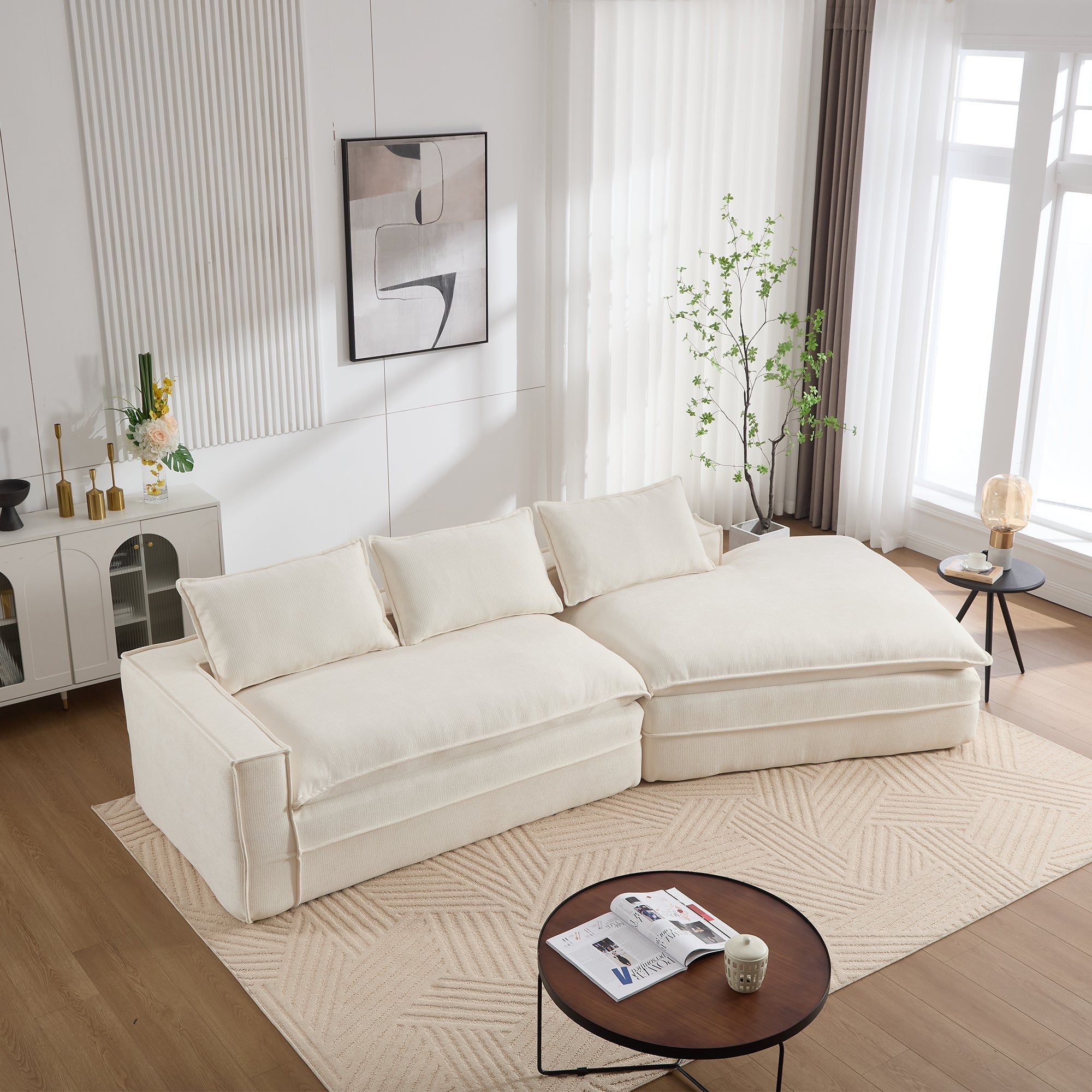 Modern Minimalist Modular Sectional Sofa with Upholstered Cloud Couch and Deep Seats in White Polyester