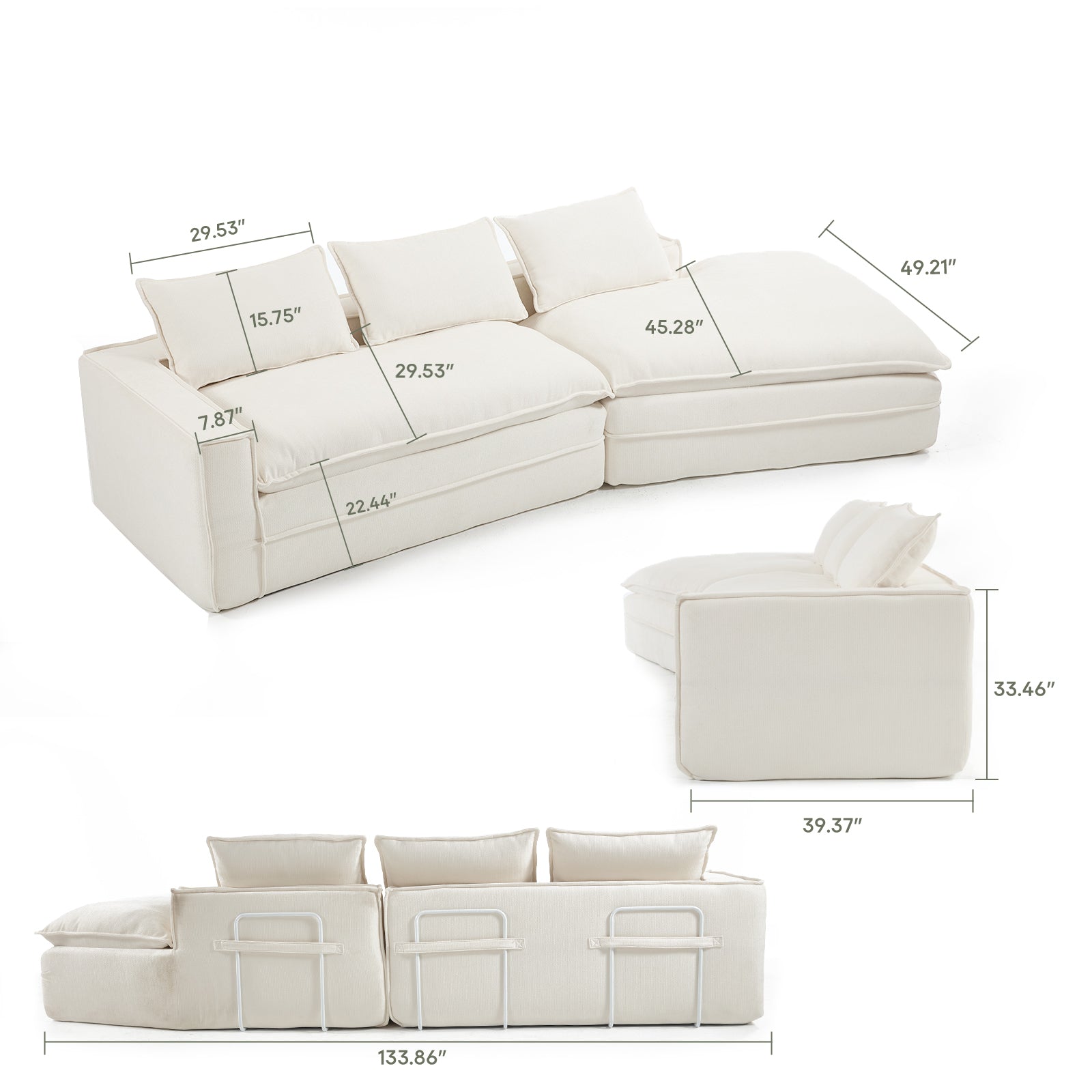 Modern Minimalist Modular Sectional Sofa with Upholstered Cloud Couch and Deep Seats in White Polyester