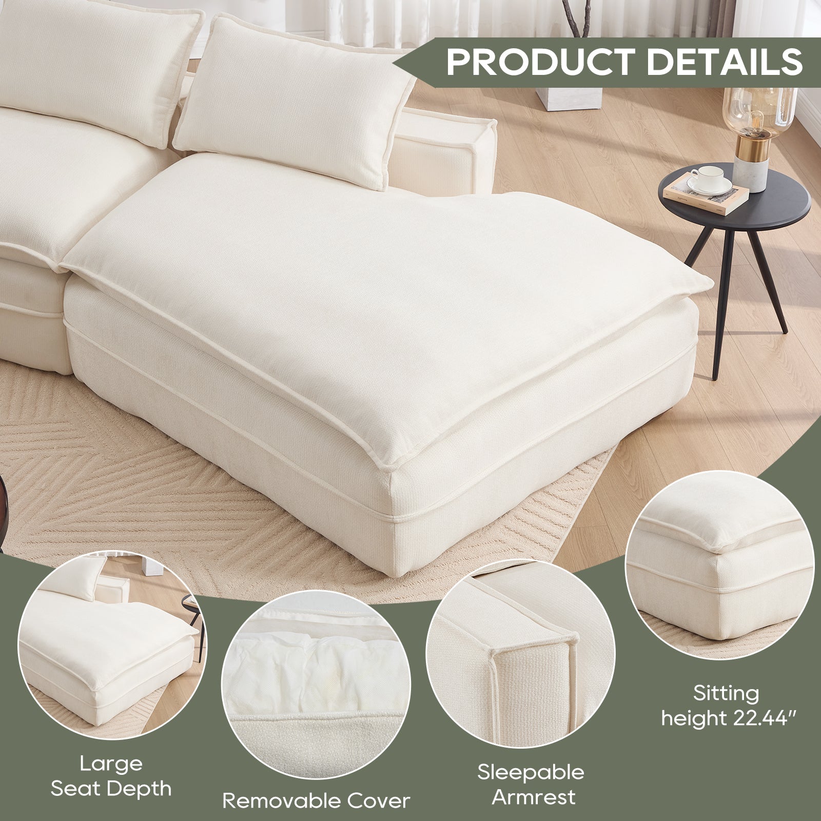 Modern Minimalist Modular Sectional Sofa with Upholstered Cloud Couch and Deep Seats in White Polyester