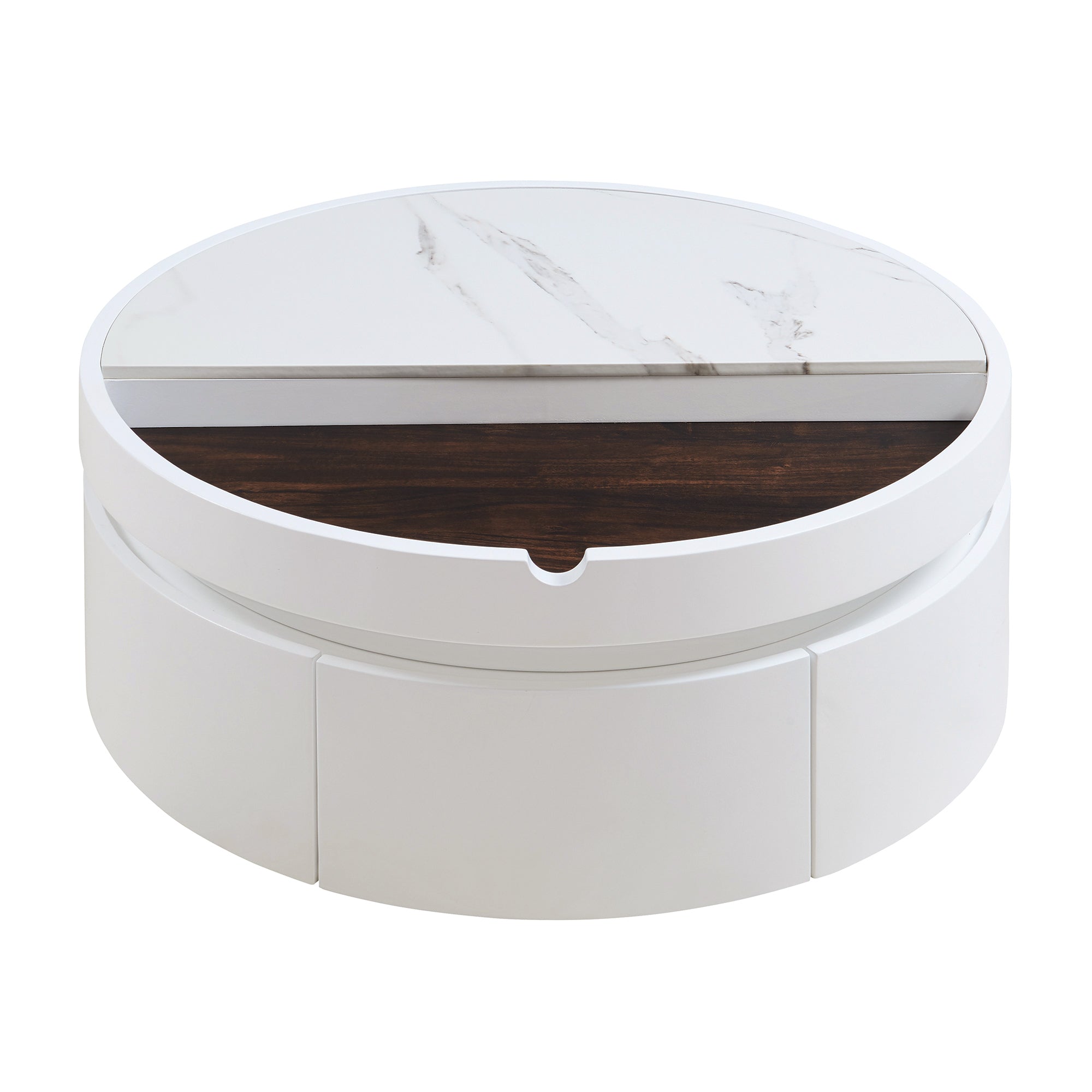White Round Lift Coffee Table with 1 Drawer in 29.5', Marble and Wood Grain Tabletop