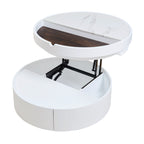 White Round Lift Coffee Table with 1 Drawer in 29.5', Marble and Wood Grain Tabletop