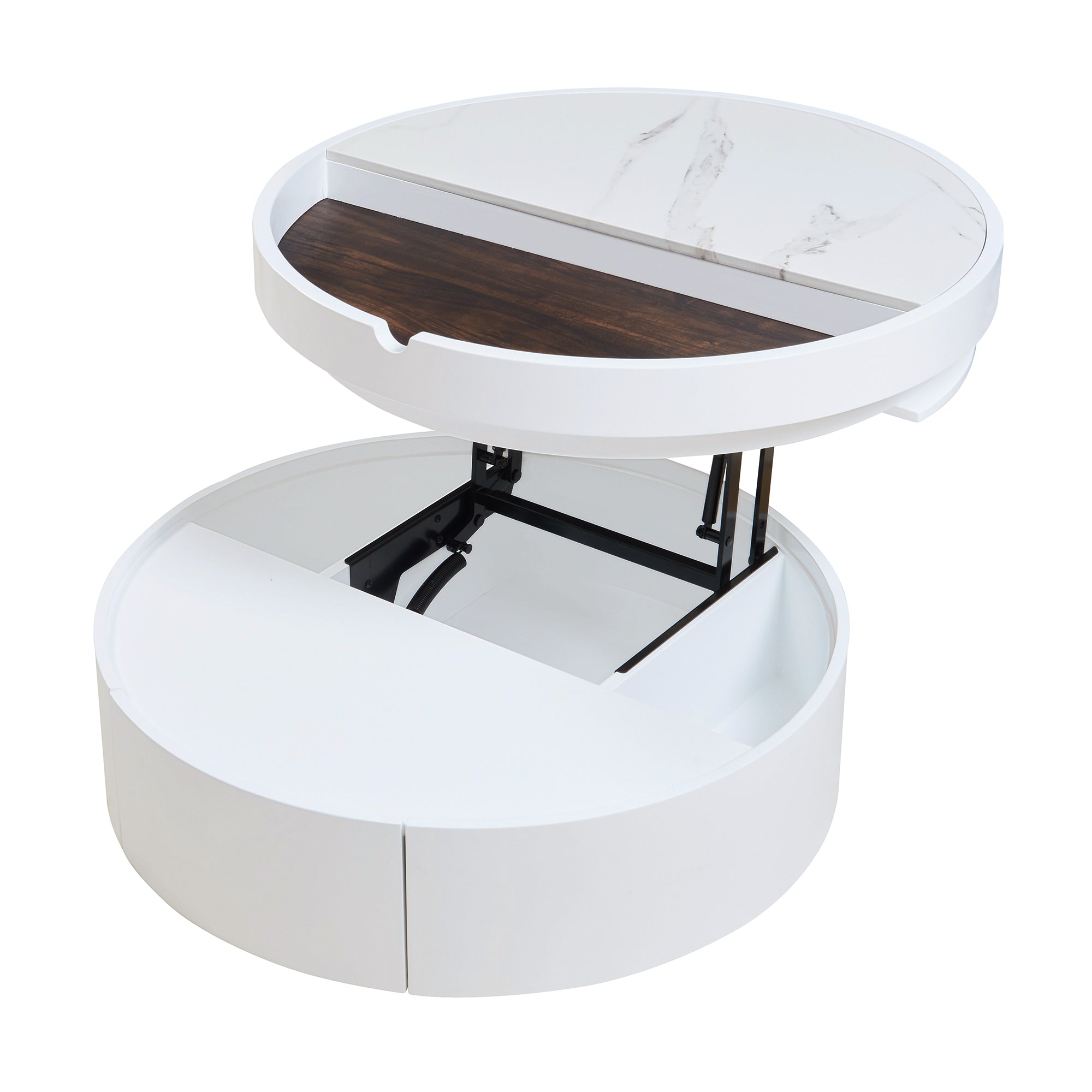 White Round Lift Coffee Table with 1 Drawer in 29.5', Marble and Wood Grain Tabletop