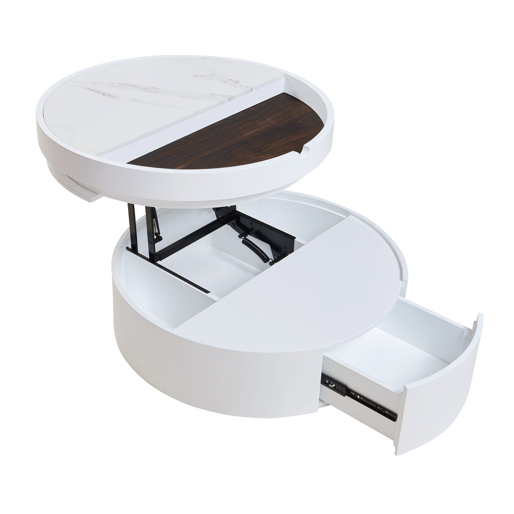 White Round Lift Coffee Table with 1 Drawer in 29.5', Marble and Wood Grain Tabletop