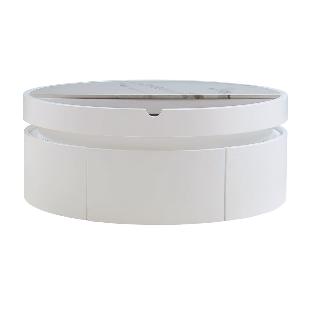 White Round Lift Coffee Table with 1 Drawer in 29.5', Marble and Wood Grain Tabletop