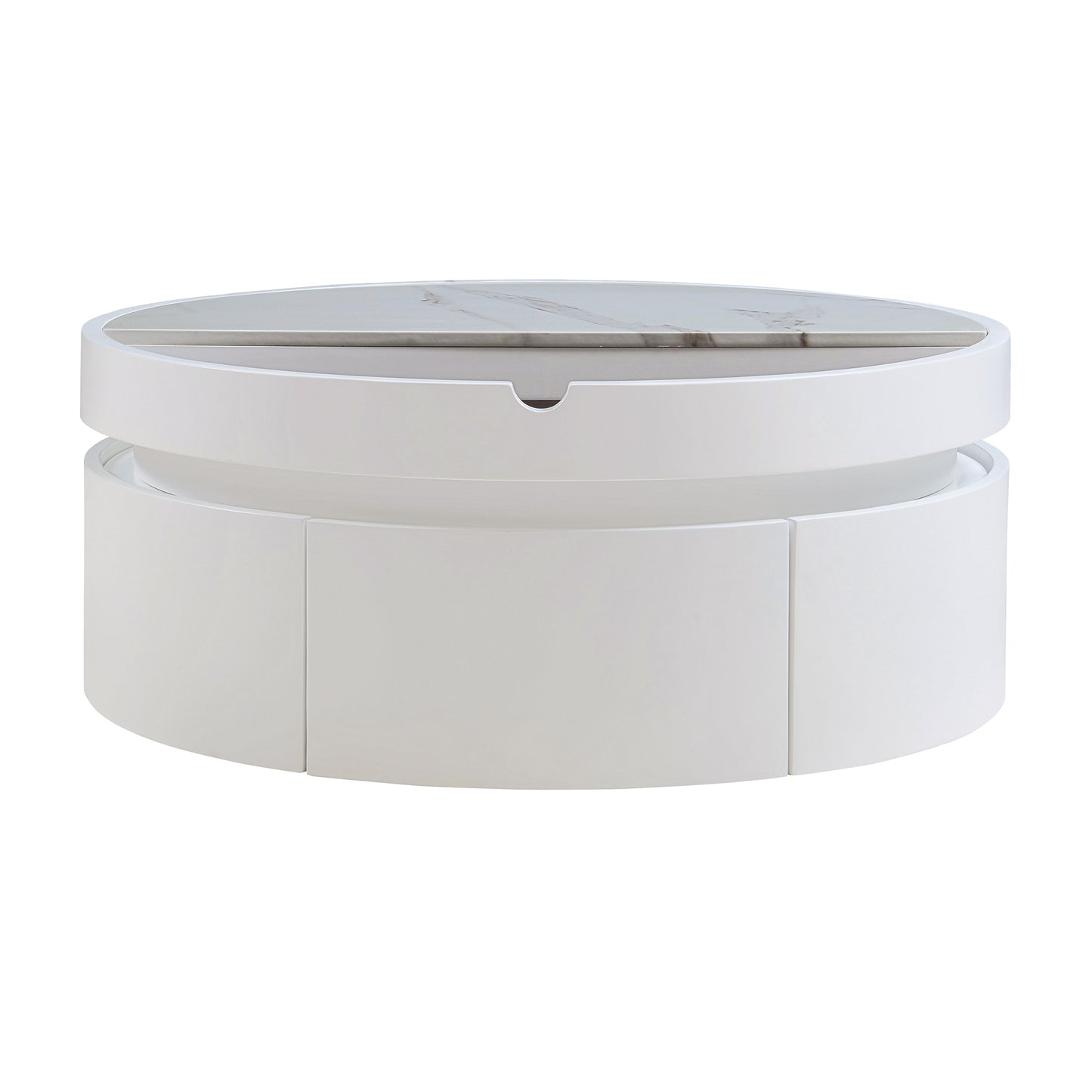 White Round Lift Coffee Table with 1 Drawer in 29.5', Marble and Wood Grain Tabletop