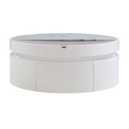 White Round Lift Coffee Table with 1 Drawer in 29.5', Marble and Wood Grain Tabletop