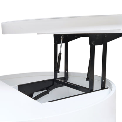 White Round Lift Coffee Table with 1 Drawer in 29.5', Marble and Wood Grain Tabletop