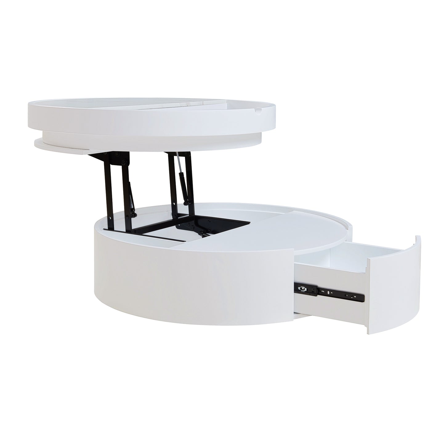 White Round Lift Coffee Table with 1 Drawer in 29.5', Marble and Wood Grain Tabletop