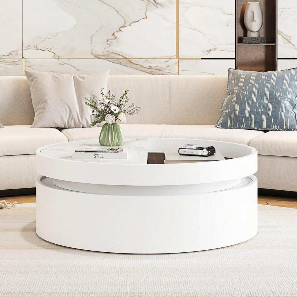 White Round Lift Coffee Table with 1 Drawer in 29.5', Marble and Wood Grain Tabletop