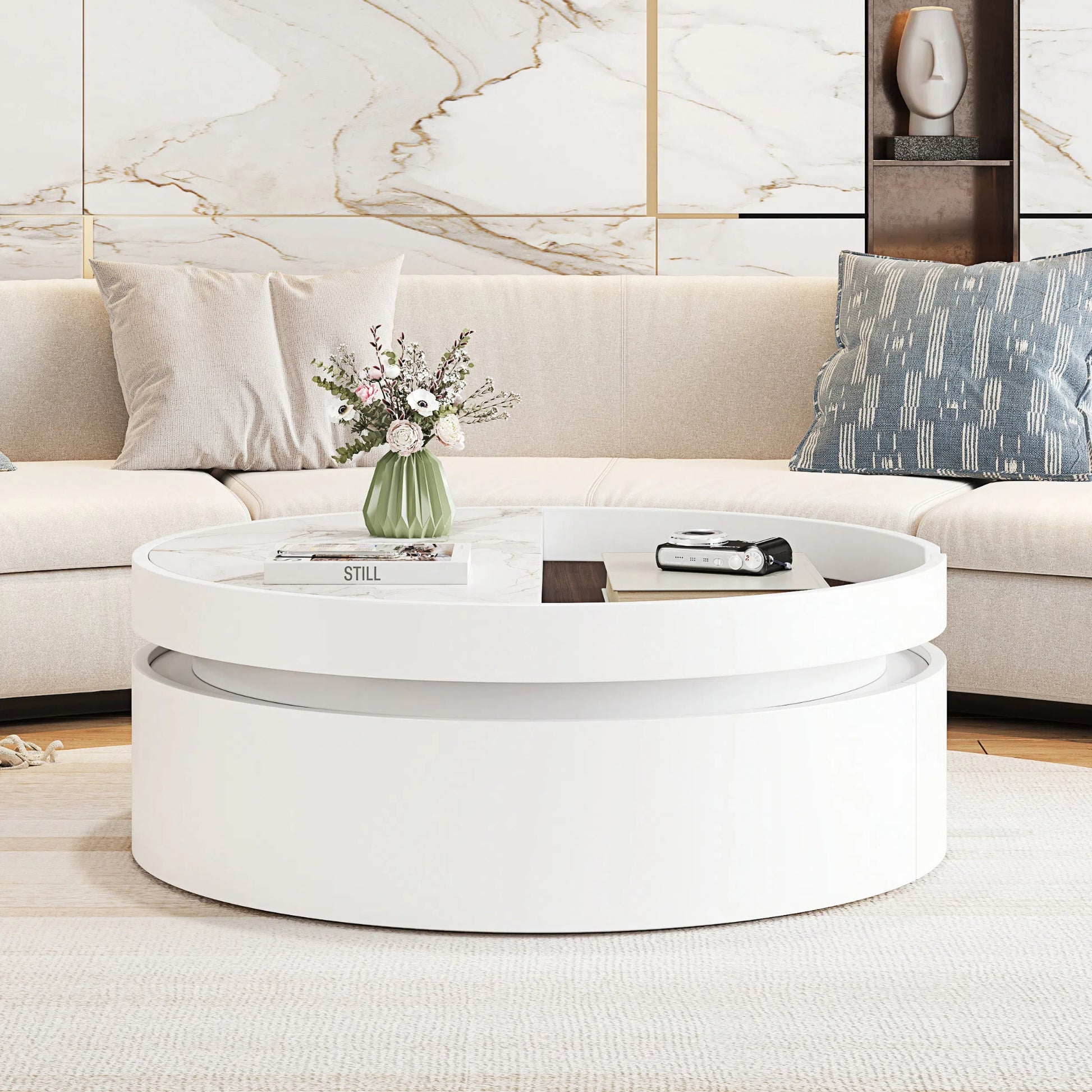 White Round Lift Coffee Table with 1 Drawer in 29.5', Marble and Wood Grain Tabletop