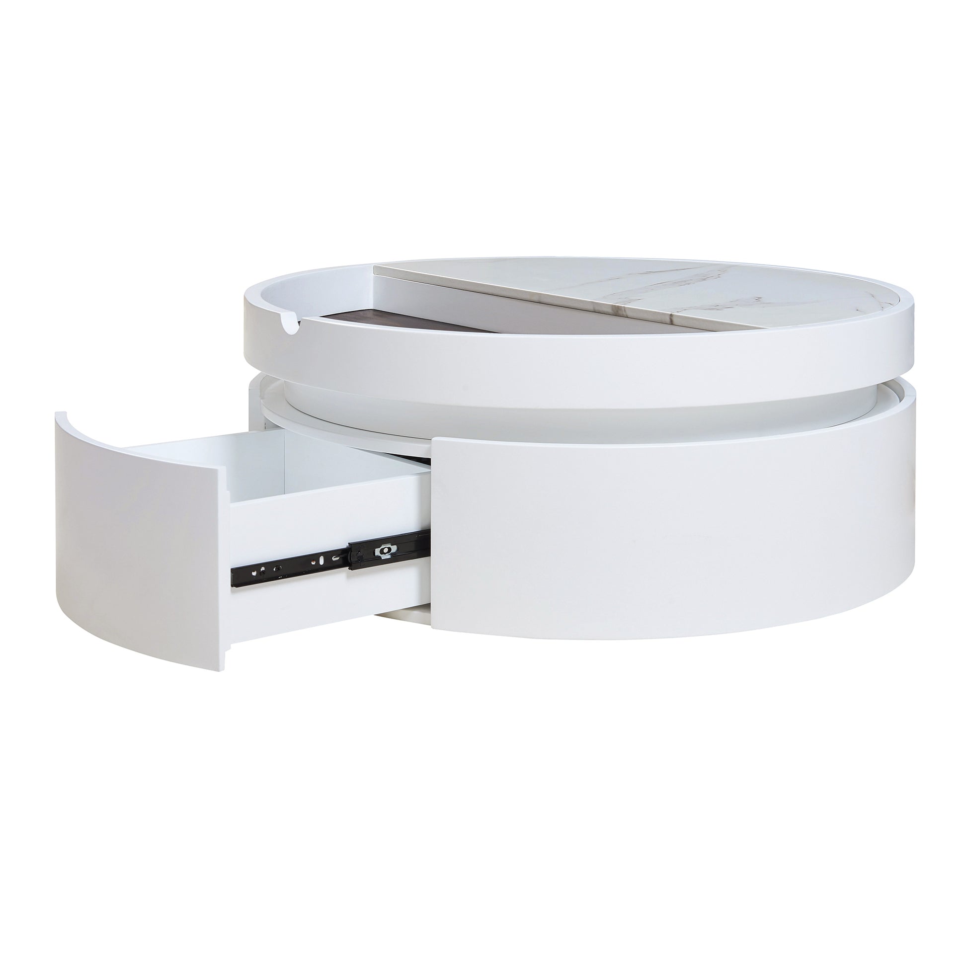 White Round Lift Coffee Table with 1 Drawer in 29.5', Marble and Wood Grain Tabletop