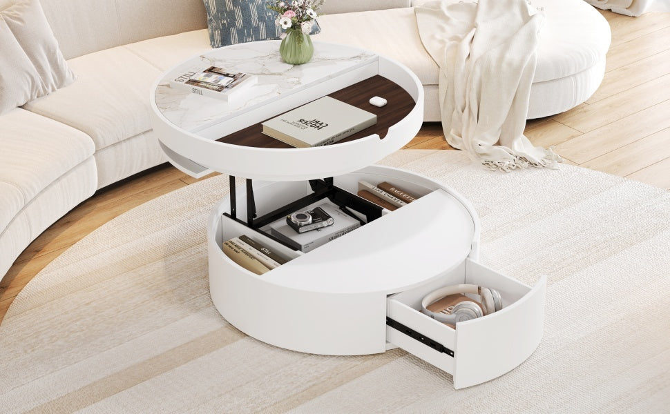 White Round Lift Coffee Table with 1 Drawer in 29.5', Marble and Wood Grain Tabletop