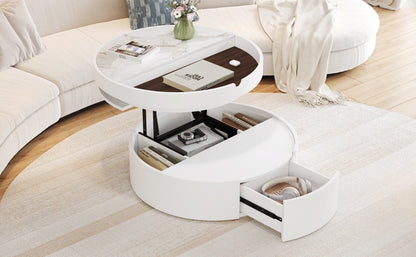 White Round Lift Coffee Table with 1 Drawer in 29.5', Marble and Wood Grain Tabletop