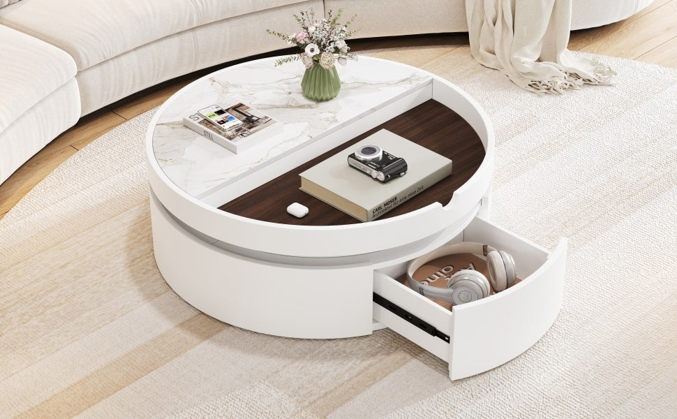 White Round Lift Coffee Table with 1 Drawer in 29.5', Marble and Wood Grain Tabletop