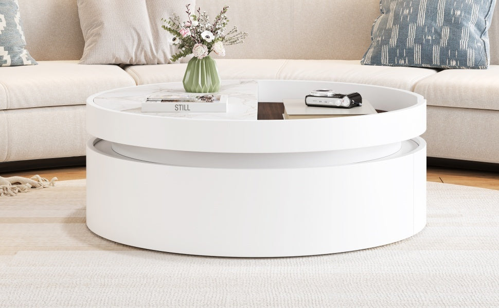 White Round Lift Coffee Table with 1 Drawer in 29.5', Marble and Wood Grain Tabletop