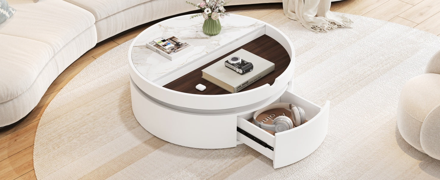 White Round Lift Coffee Table with 1 Drawer in 29.5', Marble and Wood Grain Tabletop