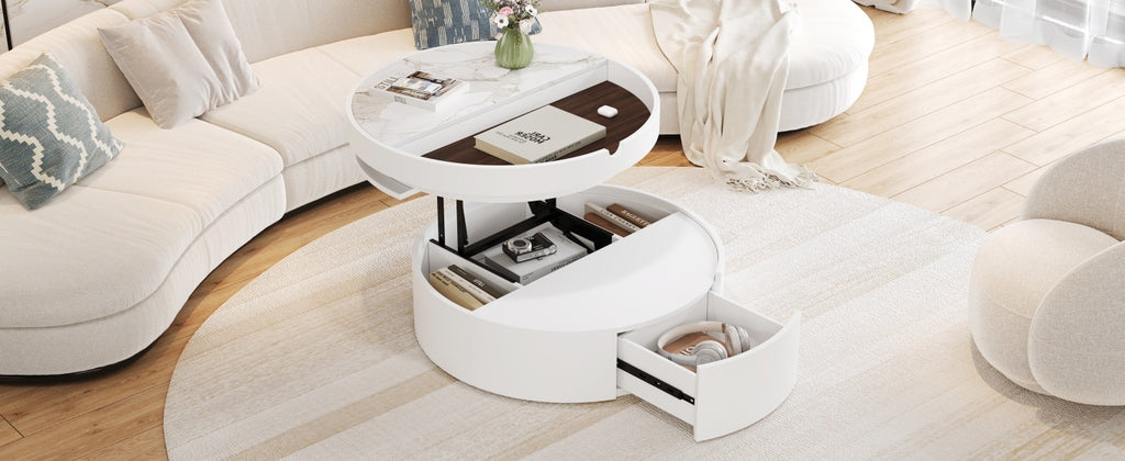 White Round Lift Coffee Table with 1 Drawer in 29.5', Marble and Wood Grain Tabletop