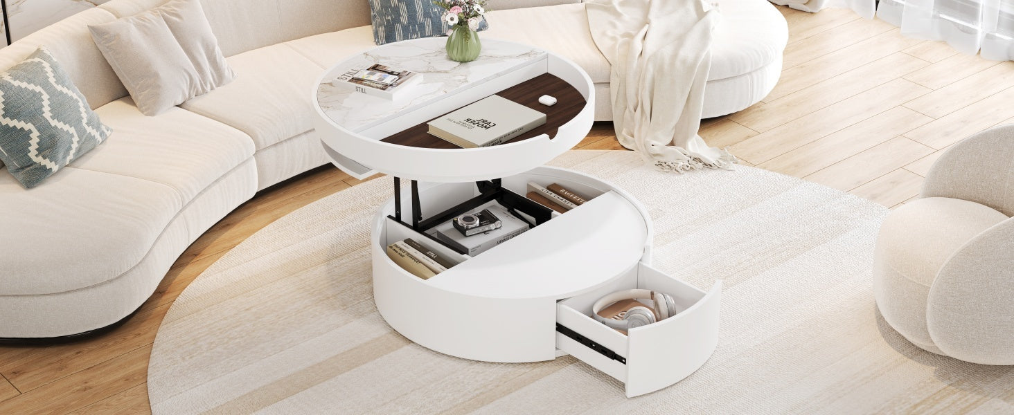 White Round Lift Coffee Table with 1 Drawer in 29.5', Marble and Wood Grain Tabletop