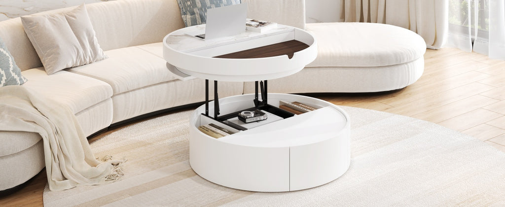 White Round Lift Coffee Table with 1 Drawer in 29.5', Marble and Wood Grain Tabletop