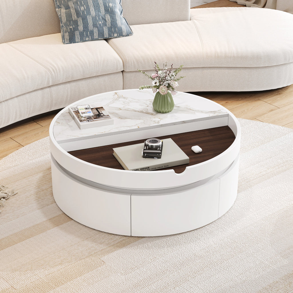 White Round Lift Coffee Table with 1 Drawer in 29.5', Marble and Wood Grain Tabletop