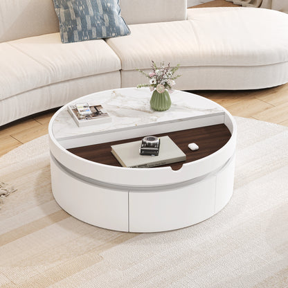 White Round Lift Coffee Table with 1 Drawer in 29.5', Marble and Wood Grain Tabletop