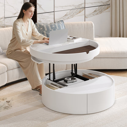 White Round Lift Coffee Table with 1 Drawer in 29.5', Marble and Wood Grain Tabletop