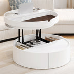 White Round Lift Coffee Table with 1 Drawer in 29.5', Marble and Wood Grain Tabletop