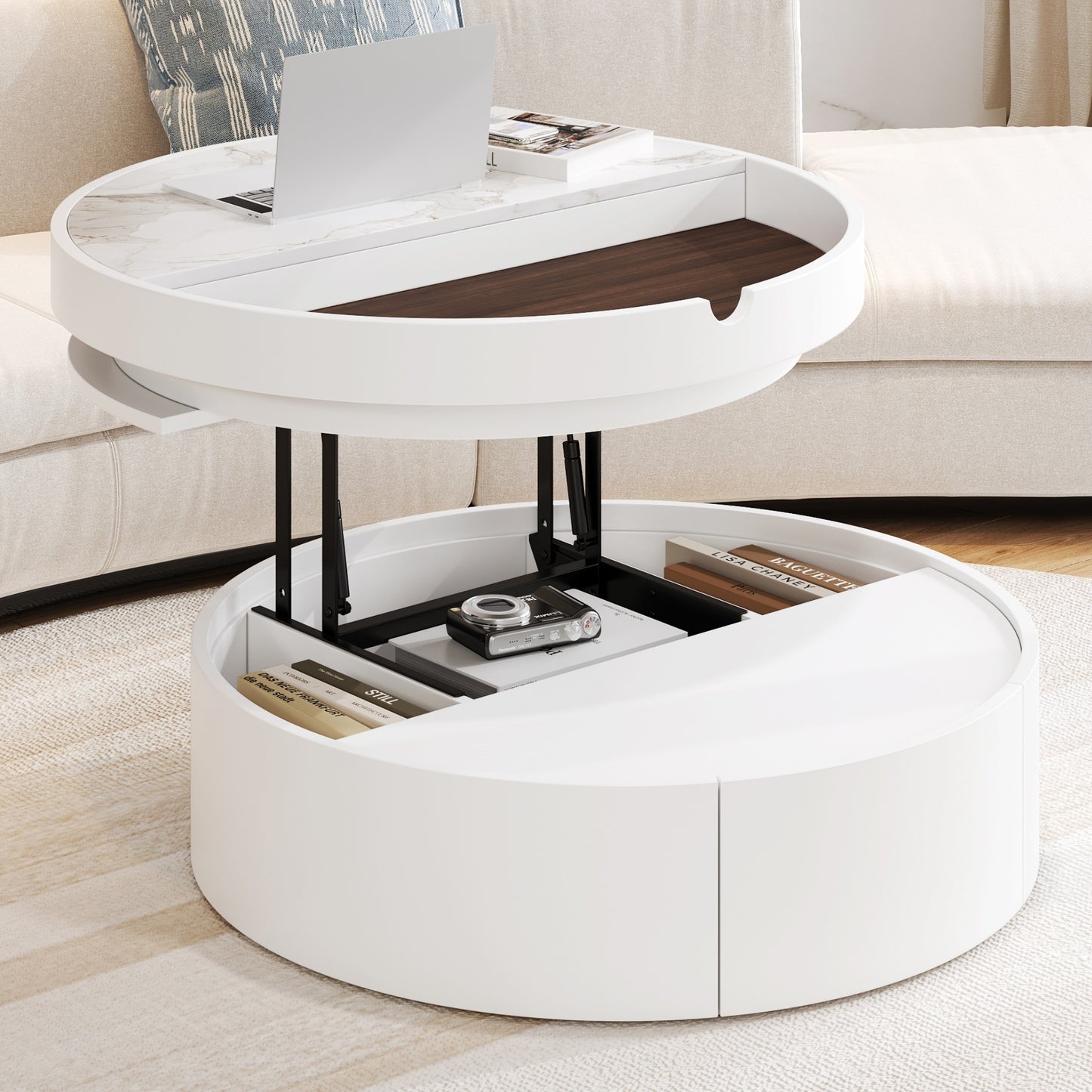 White Round Lift Coffee Table with 1 Drawer in 29.5', Marble and Wood Grain Tabletop