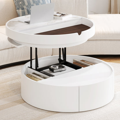 White Round Lift Coffee Table with 1 Drawer in 29.5', Marble and Wood Grain Tabletop