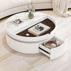 White Round Lift Coffee Table with 1 Drawer in 29.5', Marble and Wood Grain Tabletop