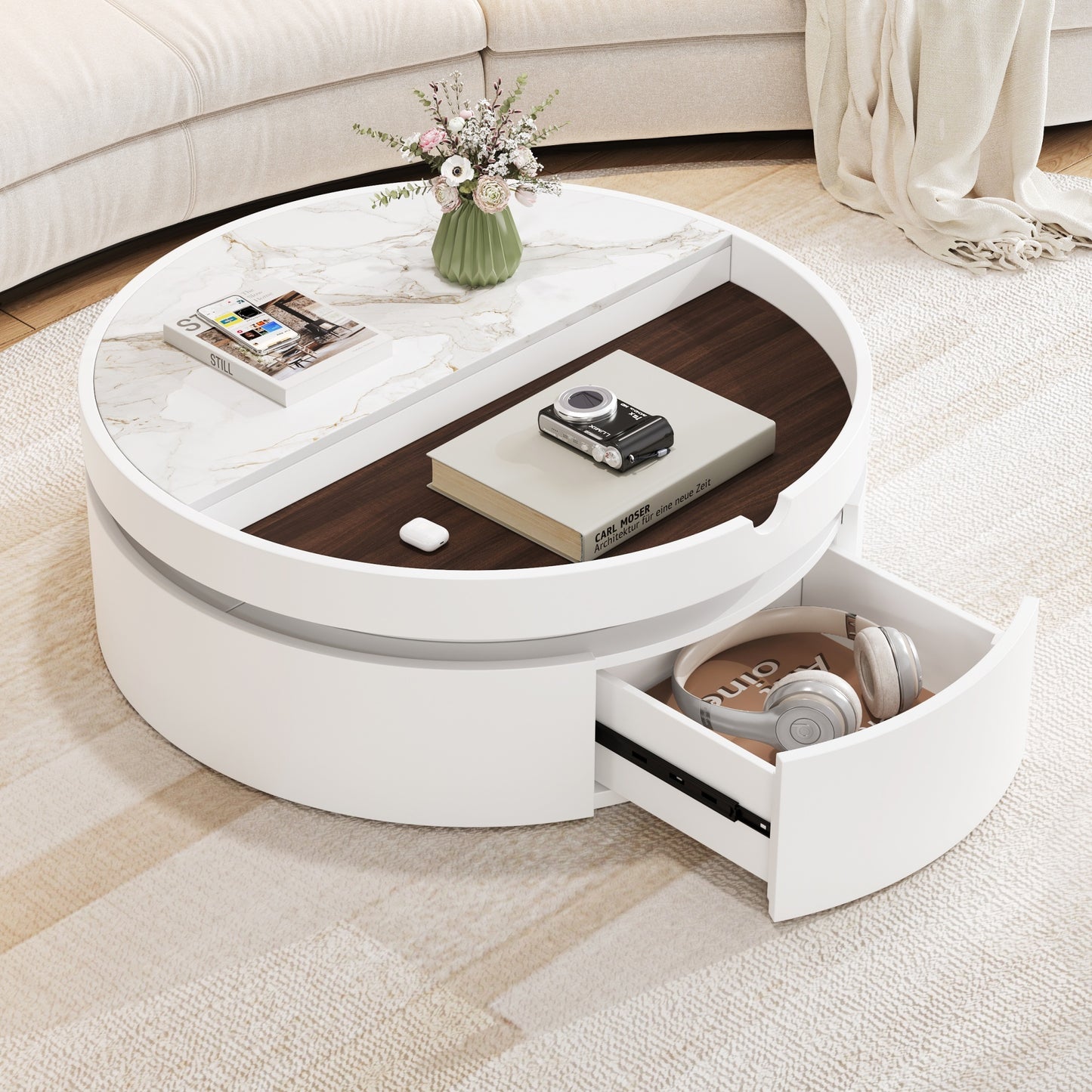 White Round Lift Coffee Table with 1 Drawer in 29.5', Marble and Wood Grain Tabletop