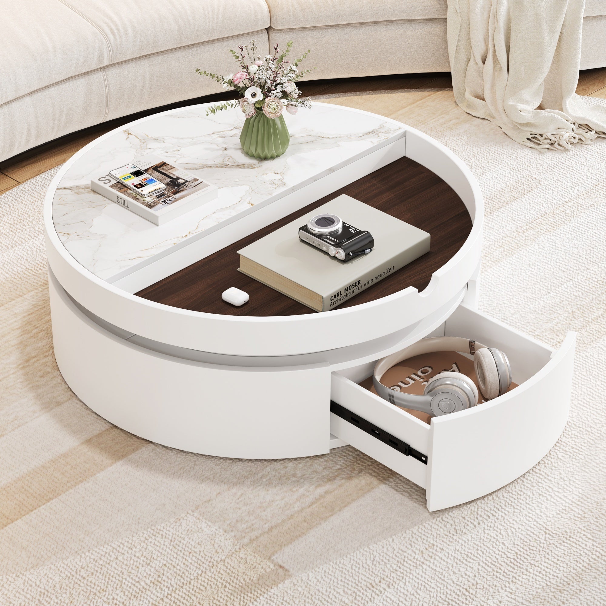 White Round Lift Coffee Table with 1 Drawer in 29.5', Marble and Wood Grain Tabletop